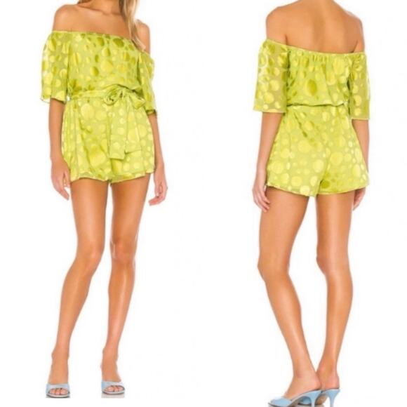 NWT Lovers + Friends Citron Green Regina Polka Dot Romper Satin Off Shoulder Sm - Picture 1 of 13
